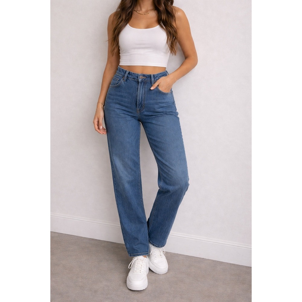 Lee‎ Vintage High Rise Straight Leg Blue Jeans Medium Wash Elastic